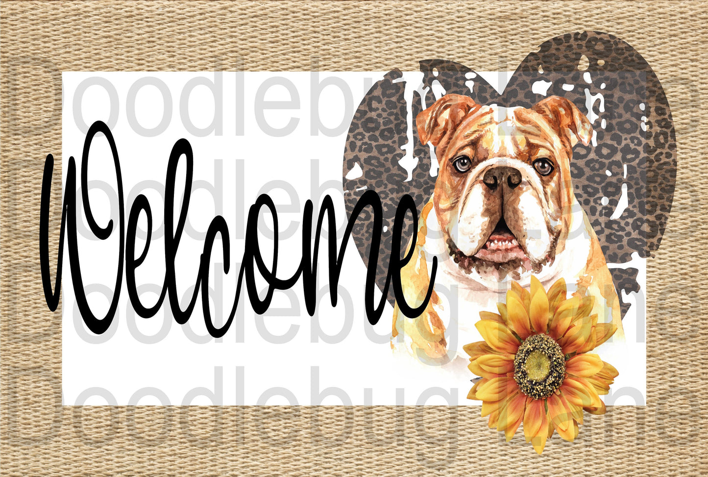 Welcome Bulldog Sign-Metal Wreath Sign-Animal Sign-Pet Sign-Dog Wreath Sign-Rectangle Sign-Leopard Print Heart-Sunflower