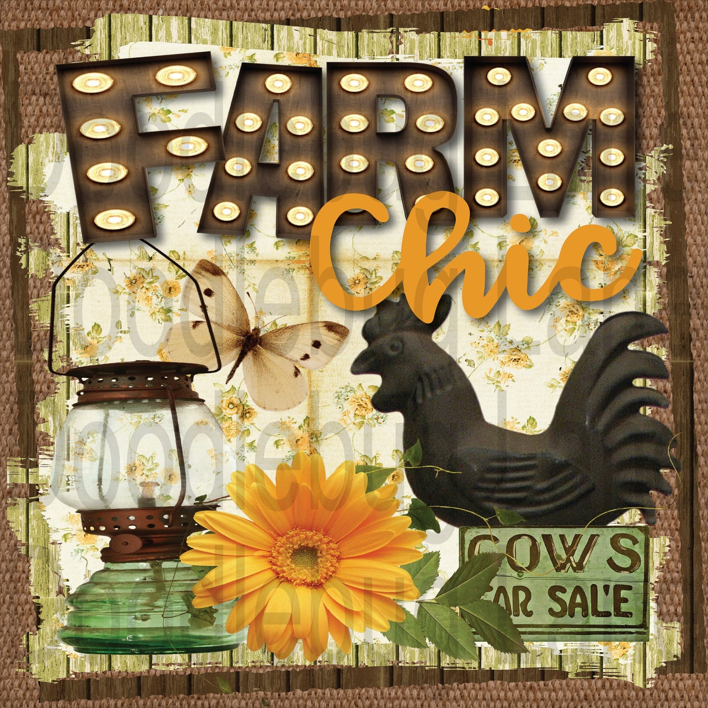 Farmhouse Wreath Sign-Vintage Lantern-Metal Wreath Sign-Chicken Sign-Cows For Sale-Square Sign-Primitive Farm Sign