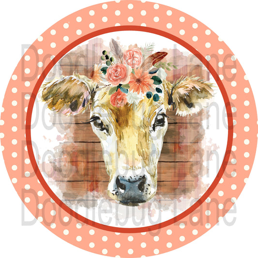 Farmhouse Wreath Sign - Cow Sign - Peach Polka Dot - Round Sign - Metal Wreath Sign - Farm Sign - Farm Animal