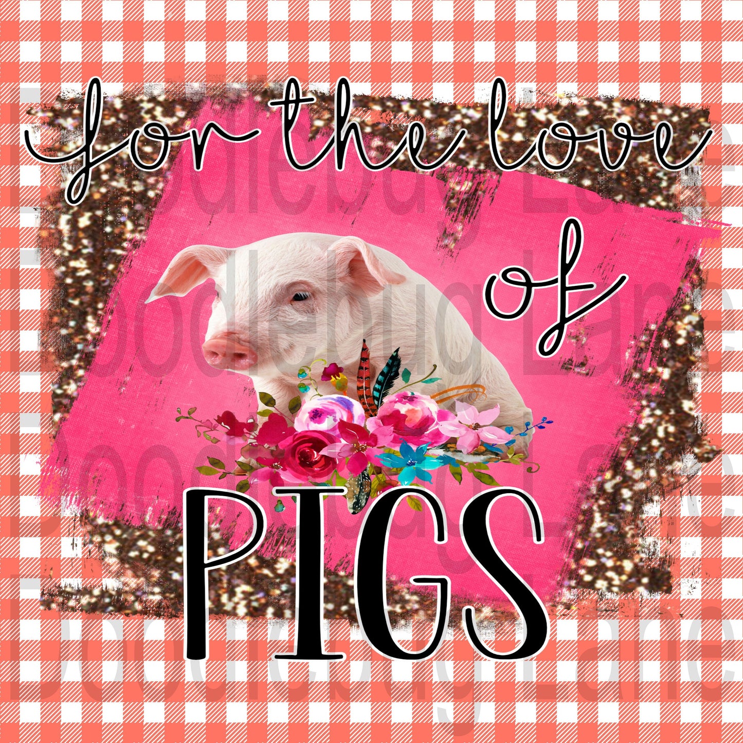 For The Love Of Pigs-Pig Sign-Farmhouse Sign-Farm Animal-Gingham Check-Square Sign-Metal Wreath Sign