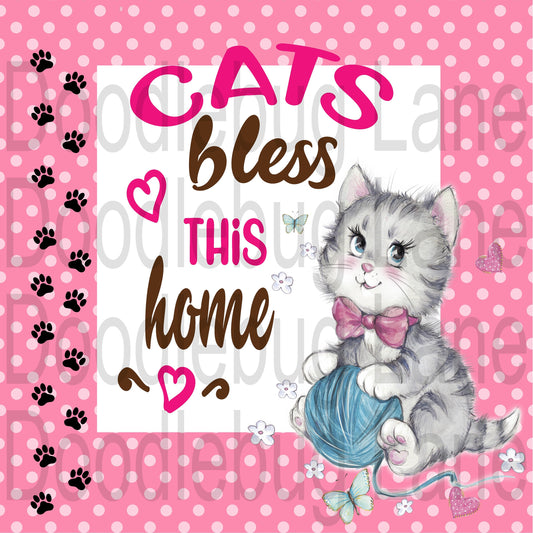 Cats Bless This Home-Cat Sign-Paw Print-Pink Polka Dot-Kitten With Ball Of Yarn-Square Sign-Metal Wreath Sign