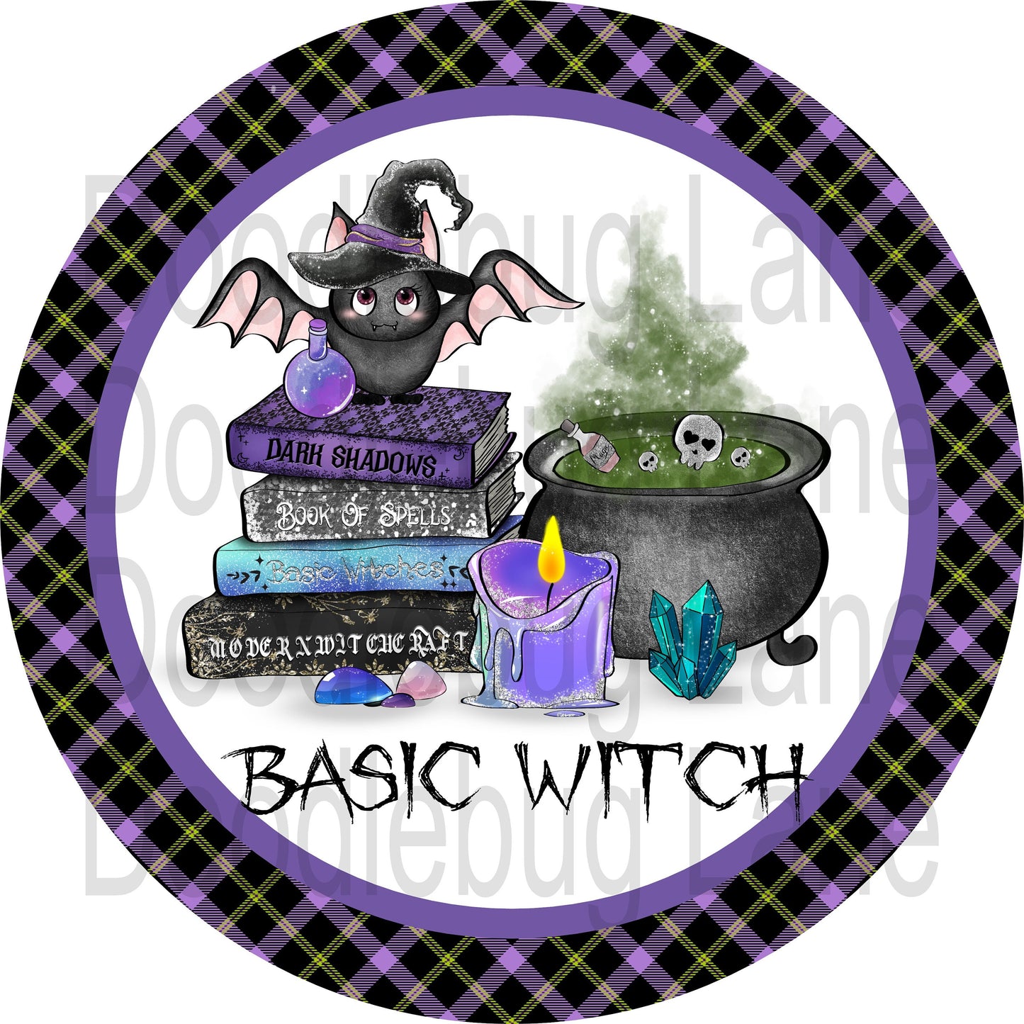 Halloween Wreath Sign-Basic Witch-Black Cauldron-Spell Books-Black Bat-Round Sign-Metal Wreath Sign-Black And Purple