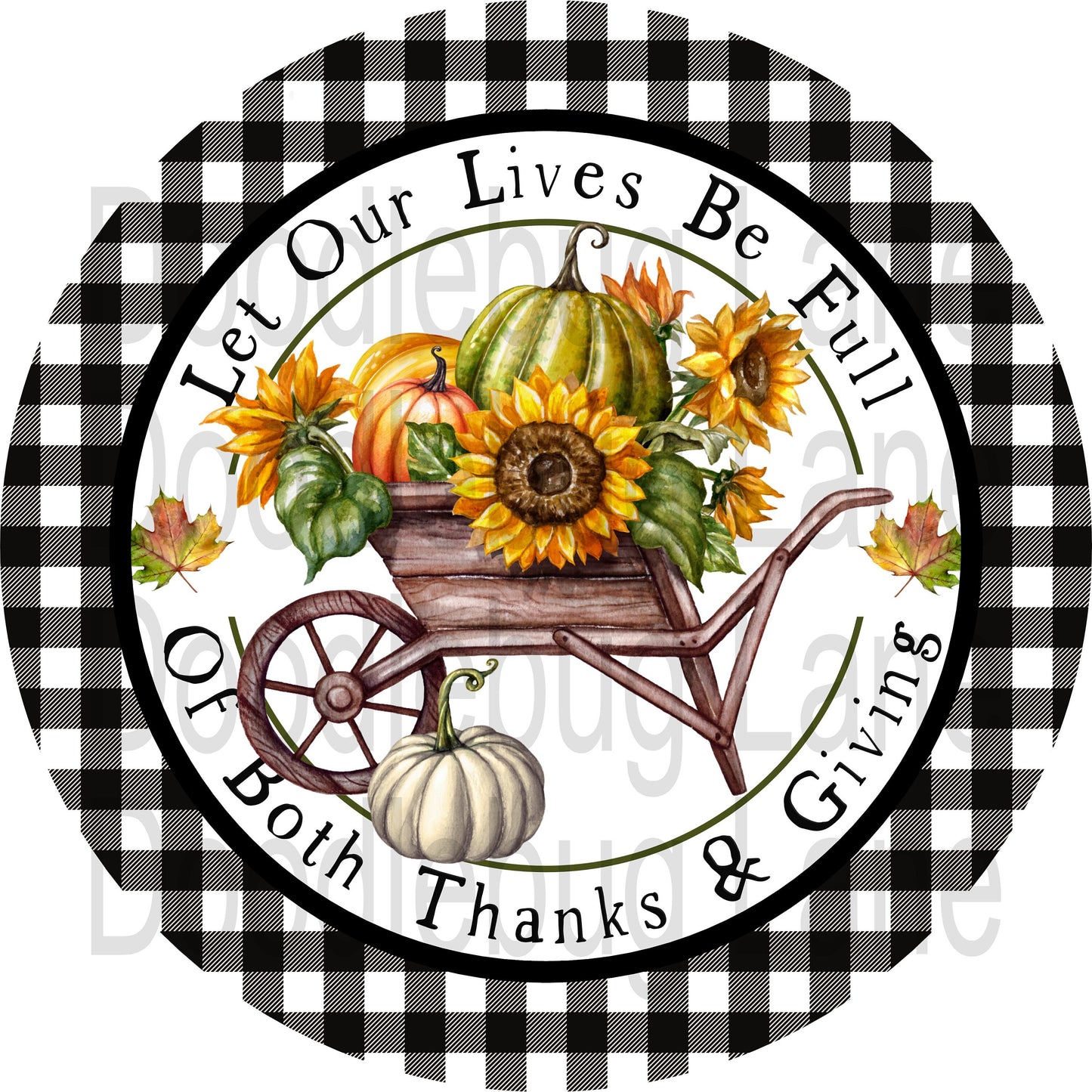 Fall Wreath Sign - Pumpkins And Gourds-Wooden Wheelbarrow-Sunflowers-Round Sign-Metal Wreath Sign-Buffalo Plaid