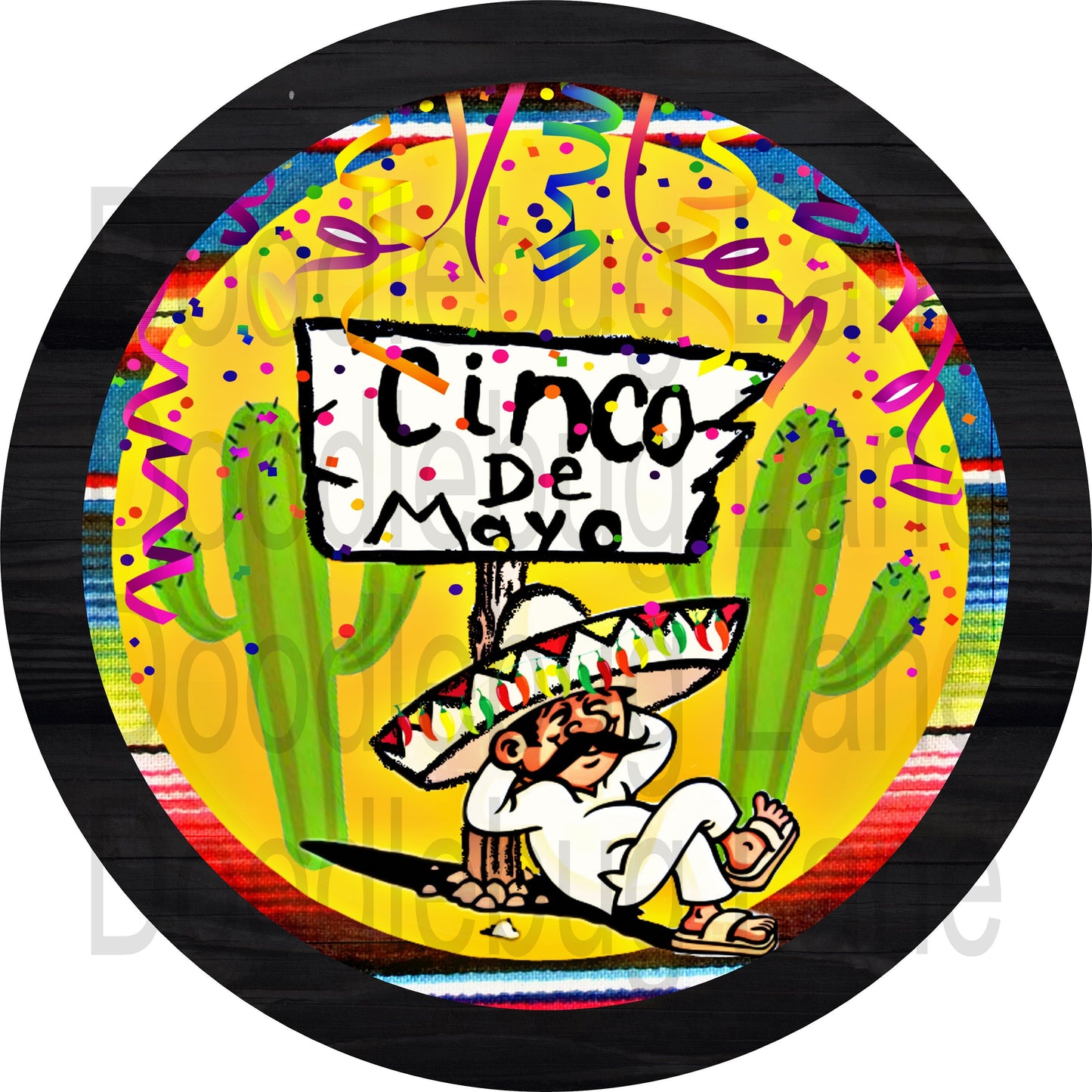 Cinco De Mayo Wreath Sign-Siesta Sign-Cactus-Party Streamers-Round Sign-Metal Wreath Sign