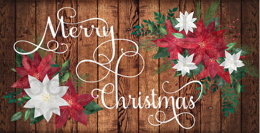 Merry Christmas Sign -Red And White Poinsettia-Faux Wood -Metal Wreath Sign -Rectangle Sign