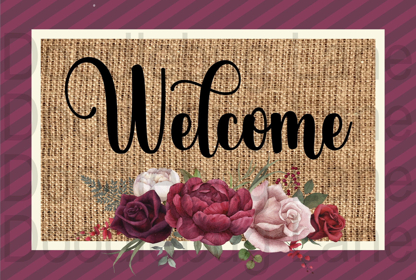 Welcome Wreath Sign-Faux Burlap-Burgundy Flowers-Diagonal Stripes-Roses And Peonies-Metal Wreath Sign-Rectangle Sign