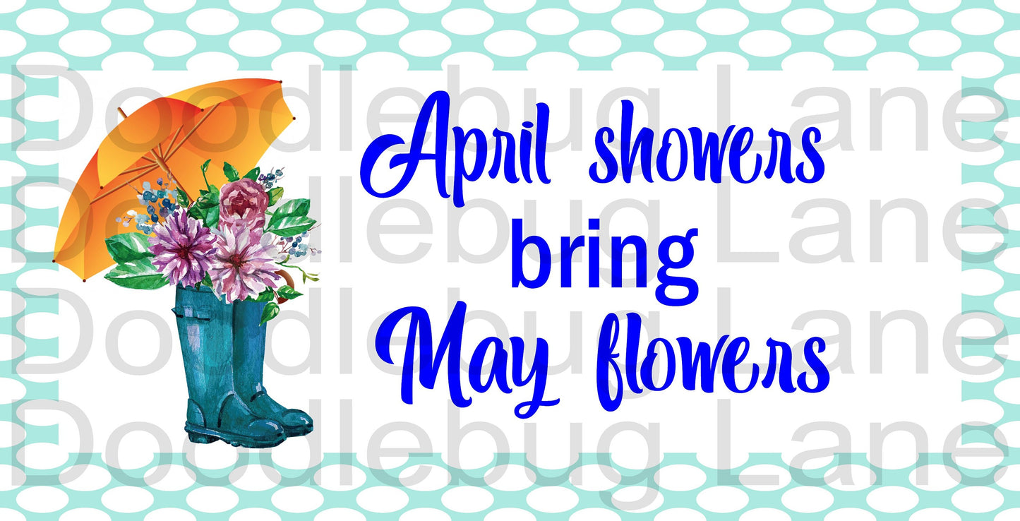 April Showers Bring May Flowers-Spring Sign-White Polka Dots-Umbrella-Blue Rainboots-Metal Wreath Sign-Rectangle Sign