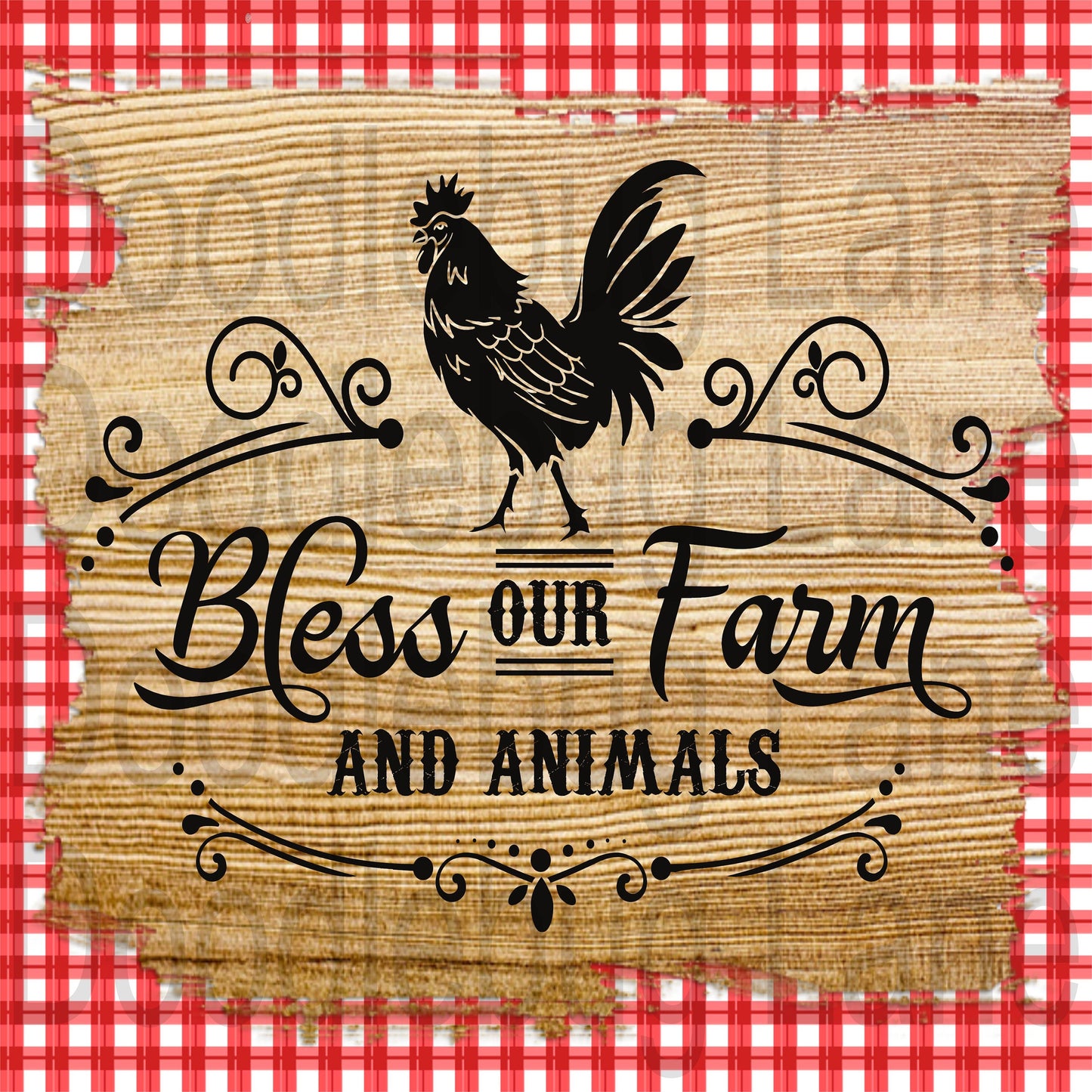 Bless Our Farm-Farmhouse Sign-Red And White Gingham-Rooster Sign-Square Sign-Metal Wreath Sign