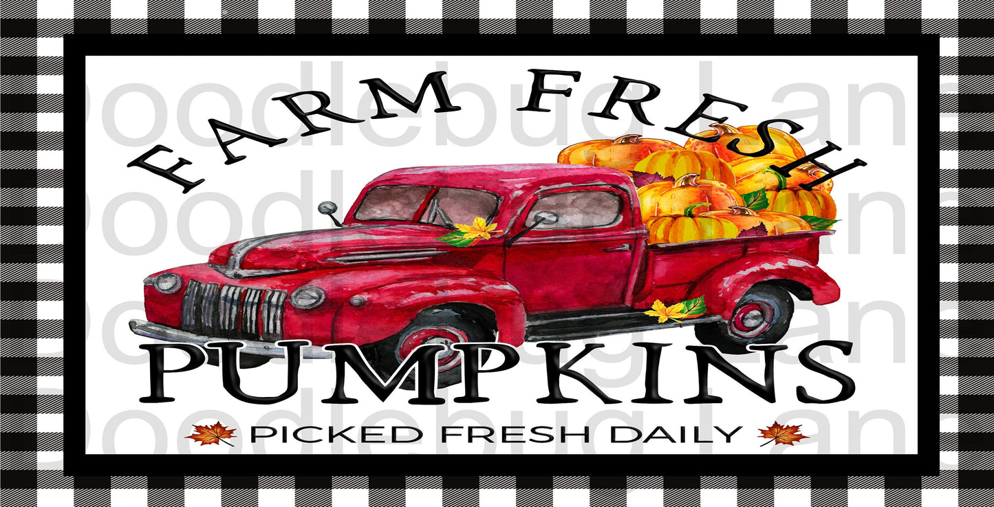 Fall Wreath Sign-Farm Fresh Pumpkins-Vintage Red Truck-Black And White Buffalo Plaid-Metal Wreath Sign-Rectangle Sign