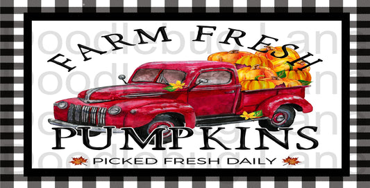 Fall Wreath Sign-Farm Fresh Pumpkins-Vintage Red Truck-Black And White Buffalo Plaid-Metal Wreath Sign-Rectangle Sign