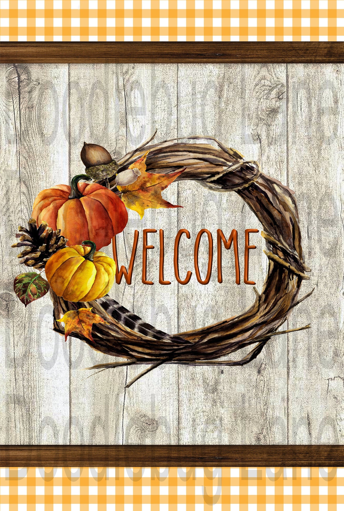 Fall Welcome Wreath Sign-Grapevine Wreath-Pumpkins And Pine Cones-Gingham Check-Faux Wood-Metal Wreath Sign-Rectangle