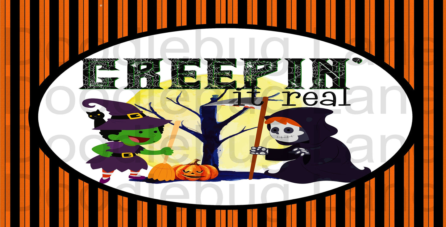 Halloween Wreath Sign-Creepin It Real-Witches And Goblins-Black And Orange Stripes-Rectangle Sign-Metal Wreath Sign