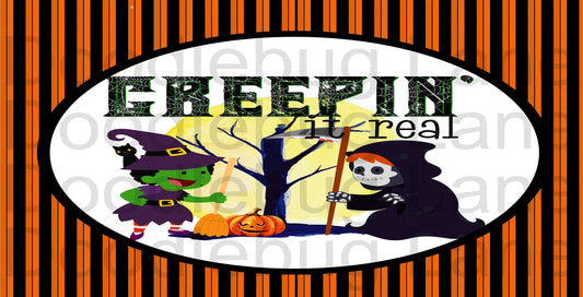 Halloween Wreath Sign-Creepin It Real-Witches And Goblins-Black And Orange Stripes-Rectangle Sign-Metal Wreath Sign