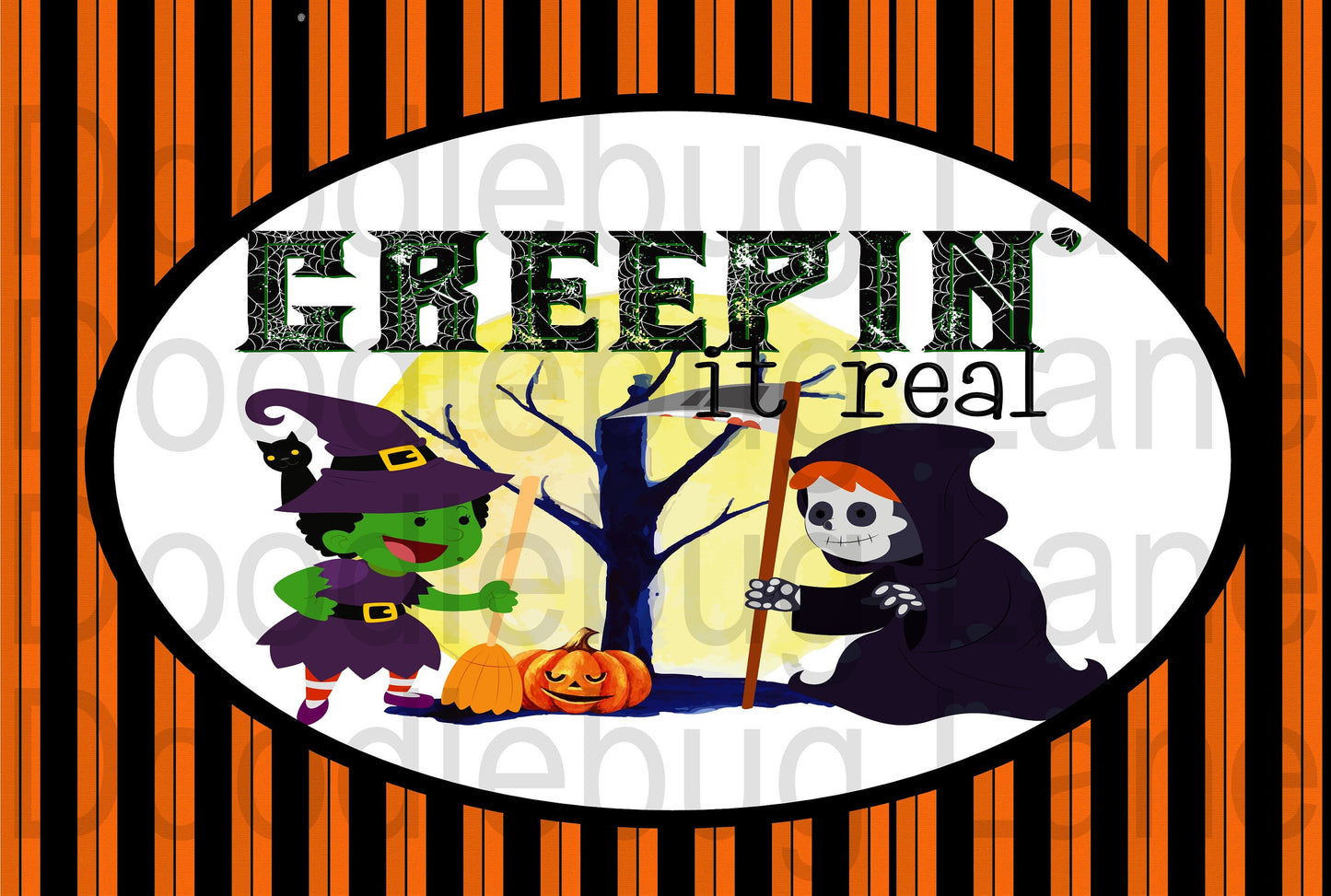 Halloween Wreath Sign-Creepin It Real-Witches And Goblins-Black And Orange Stripes-Rectangle Sign-Metal Wreath Sign