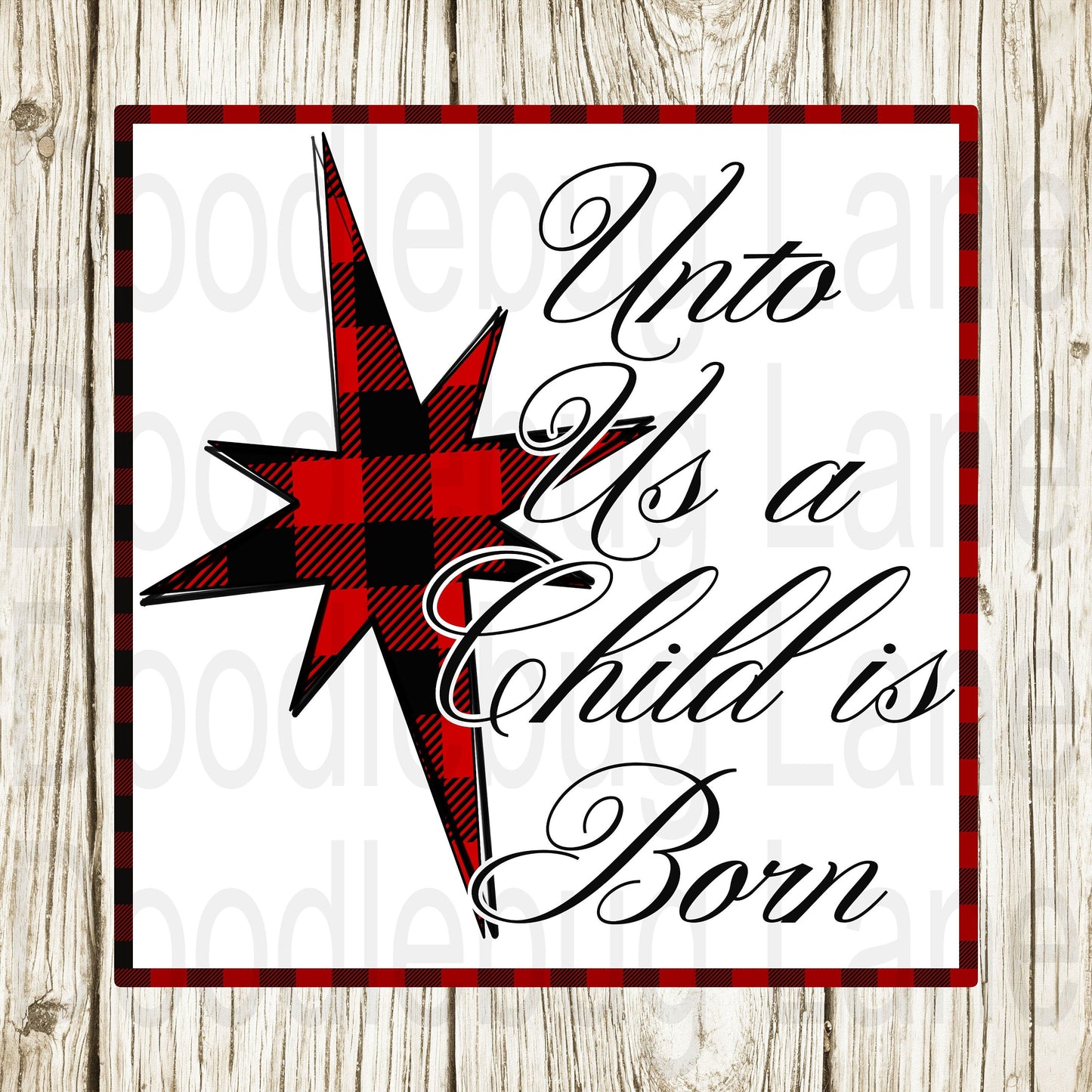 Christmas Wreath Sign-Unto Us A Child Is Born-Christmas Star-Red And Black Plaid-Square Sign-Metal Wreath Sign