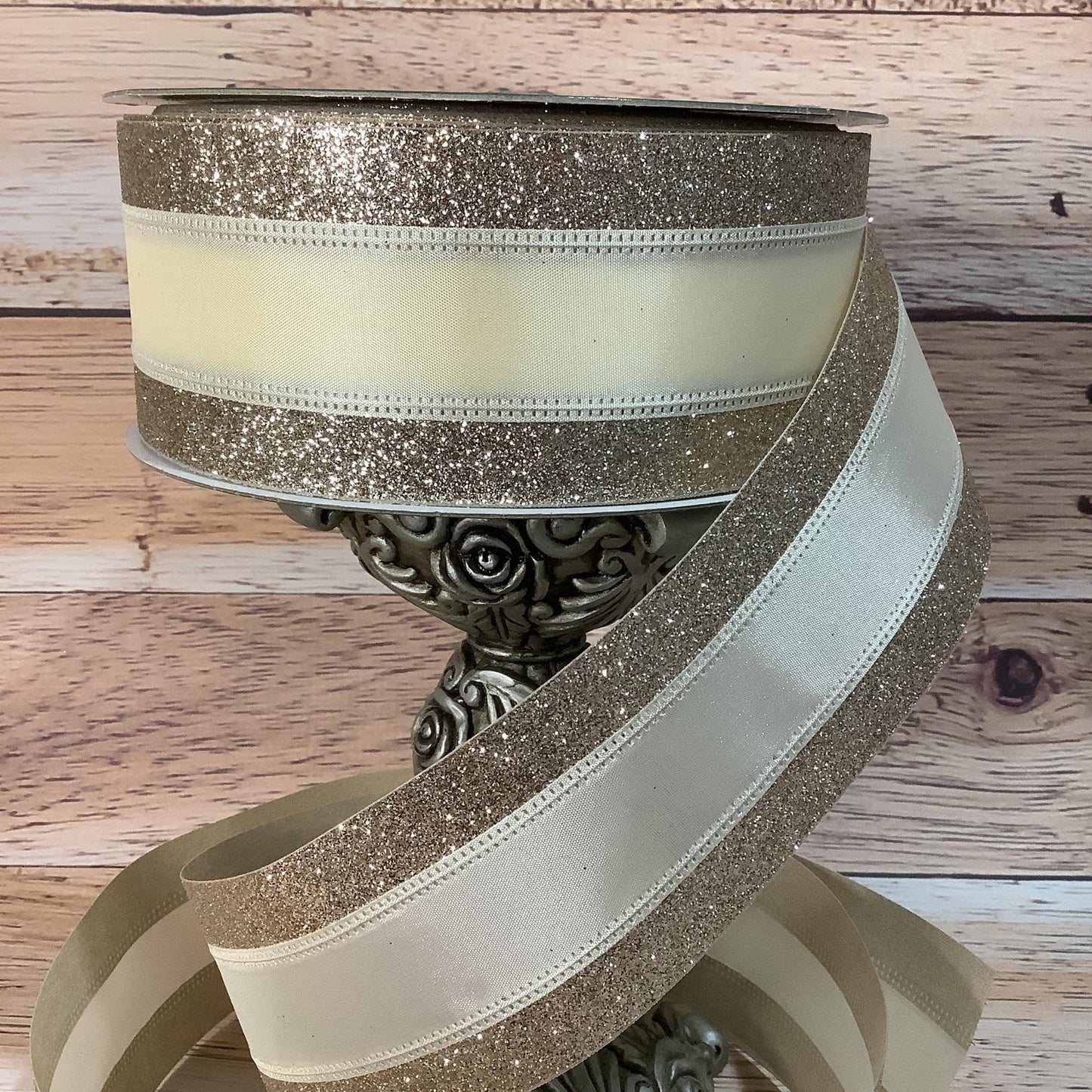 Ivory and Gold Glitter Ribbon-Christmas Ribbon-2.5" x 5 Yards-Holiday Home Decor-Wired Ribbon-Ribbon For Bows, Wreaths, Gift Baskets