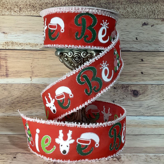 Christmas Ribbon-Red Ribbon With Multicolored Letters And Symbols Spelling Believe-2.5"x5 Yards-Wired Ribbon-Ribbon For Bows, Wreaths