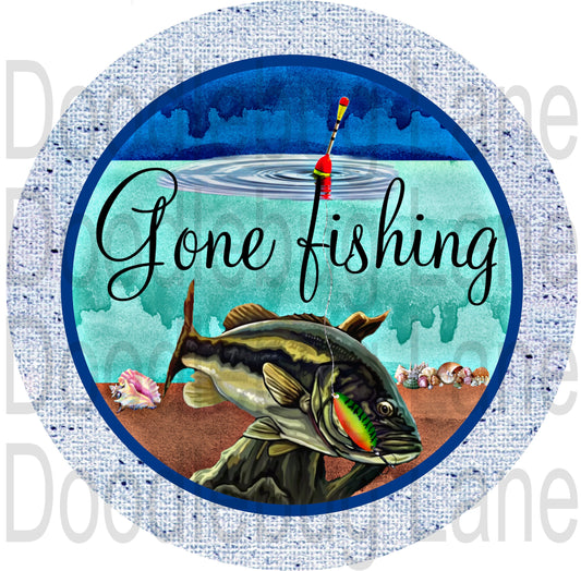 Gone Fishing Wreath Sign-Fishing Wreath Sign-Man Cave Sign-Round Sign-Metal Wreath Sign