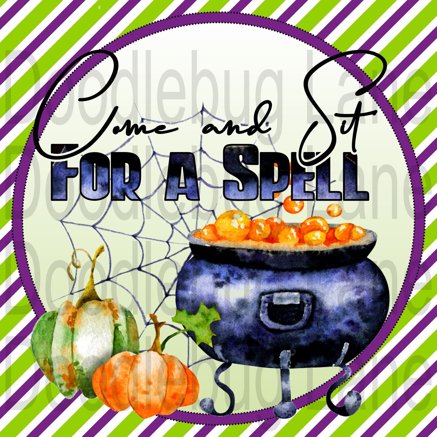 Halloween Wreath Sign-Come And Sit For A Spell-Black Cauldron-Purple And Green Stripes-Square Sign-Metal Wreath Sign