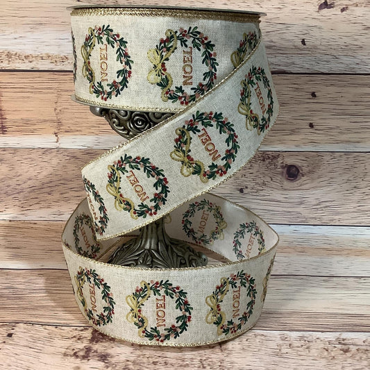 Noel Christmas Ribbon-2.5" x 5 Yards-Wired Ribbon-Tan With Noel Wreath-Red, Green And Gold-Ribbon For Bows, Wreaths, Gift Baskets