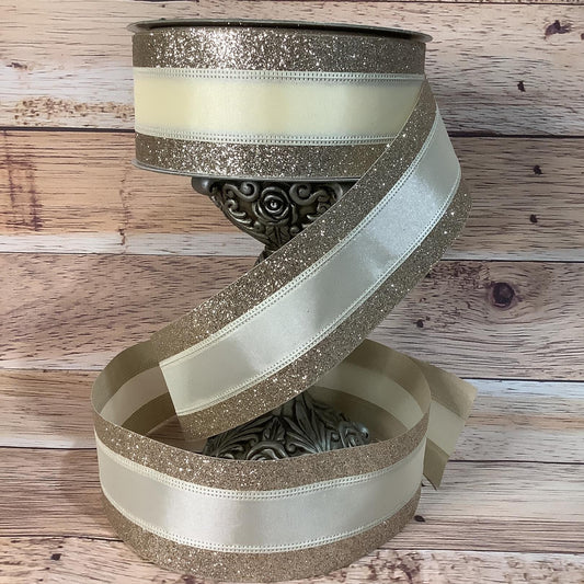 Ivory and Gold Glitter Ribbon-Christmas Ribbon-2.5" x 5 Yards-Holiday Home Decor-Wired Ribbon-Ribbon For Bows, Wreaths, Gift Baskets