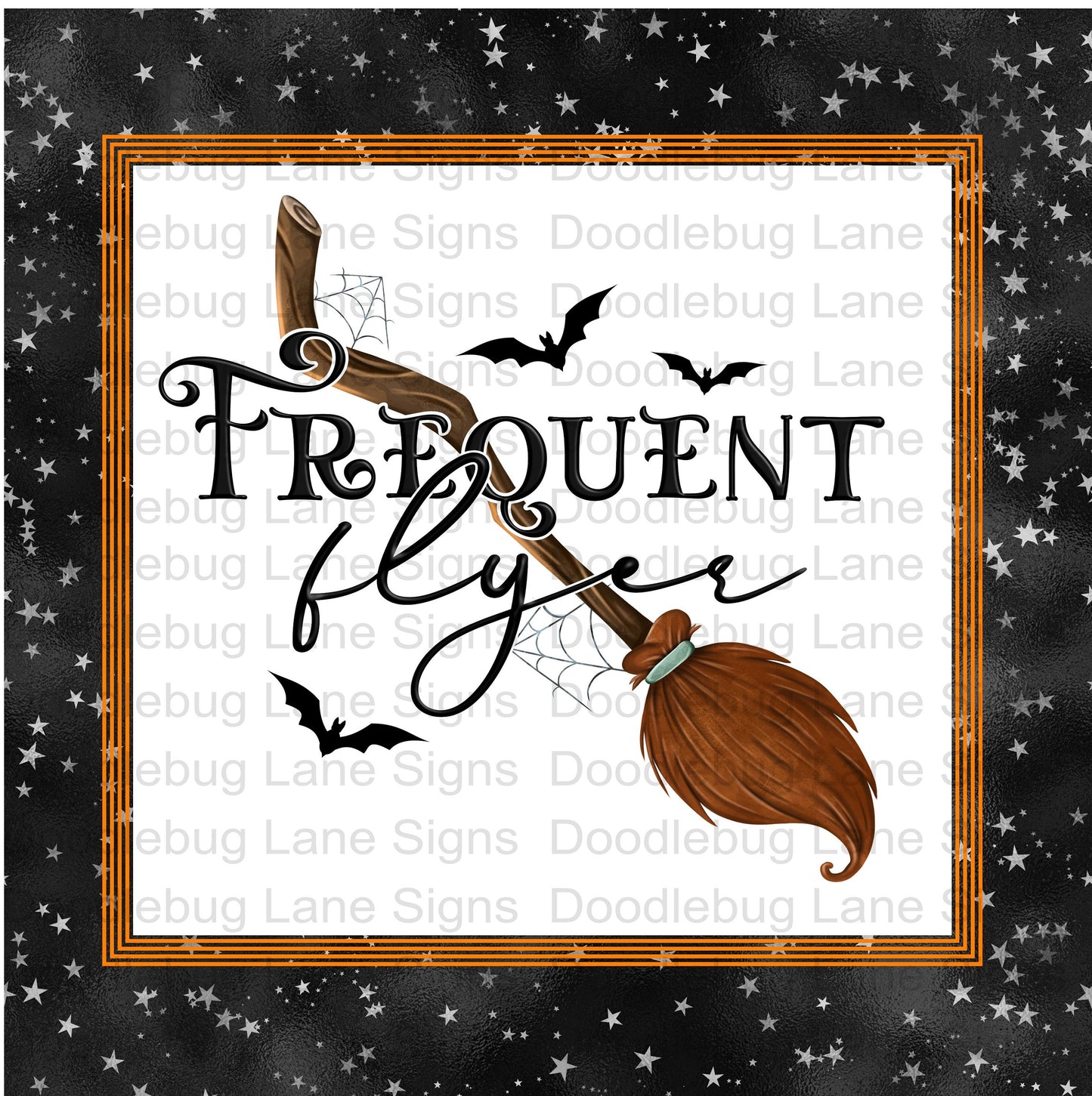 Halloween Wreath Sign - Frequent Flyer - Witches Broom - Black Bats - Square Sign - Metal Wreath Sign