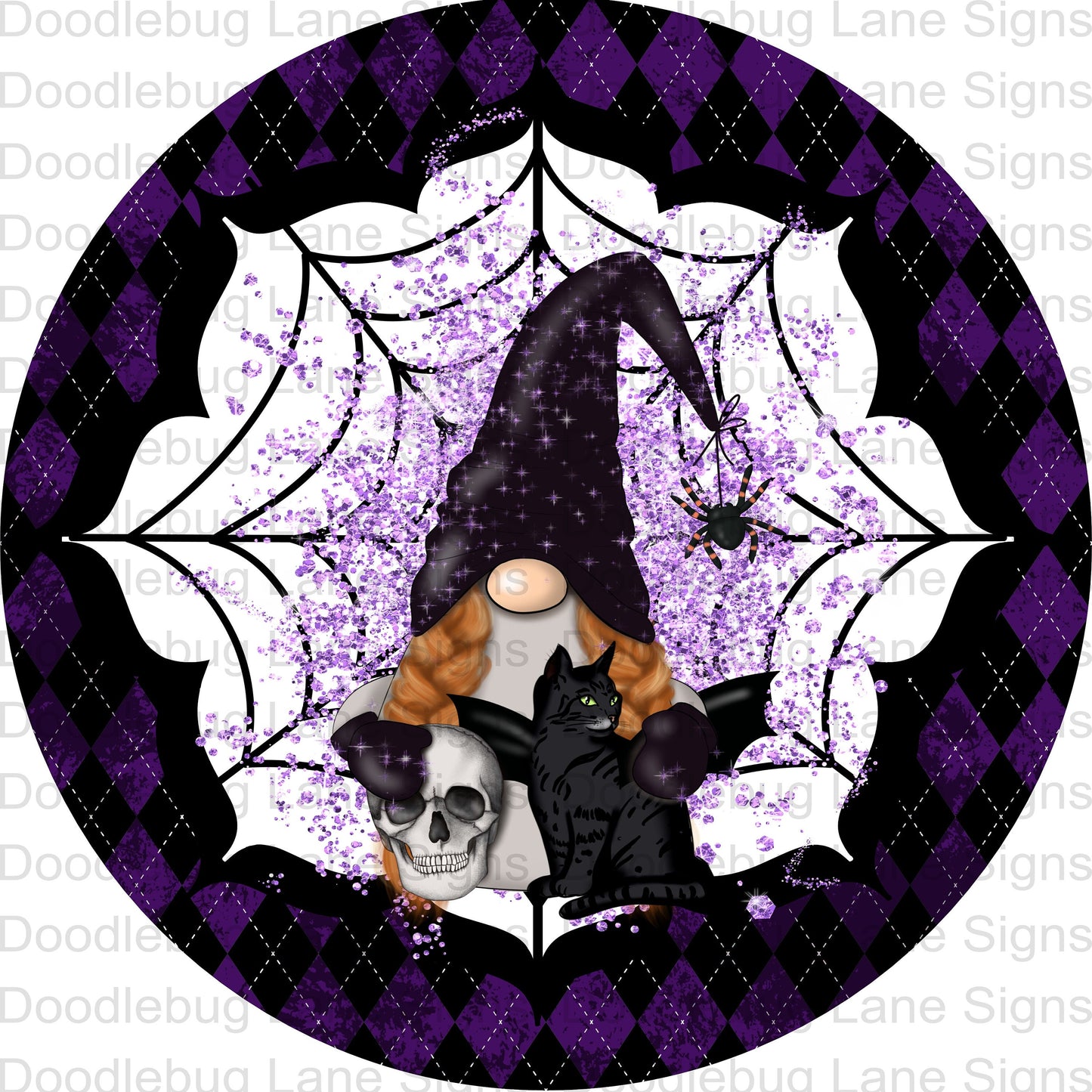 Halloween Gnome Wreath Sign - Witch Gnome - Halloween Witch Sign - Round Sign - Metal Wreath Sign - Black Cats - Skulls And Spiders