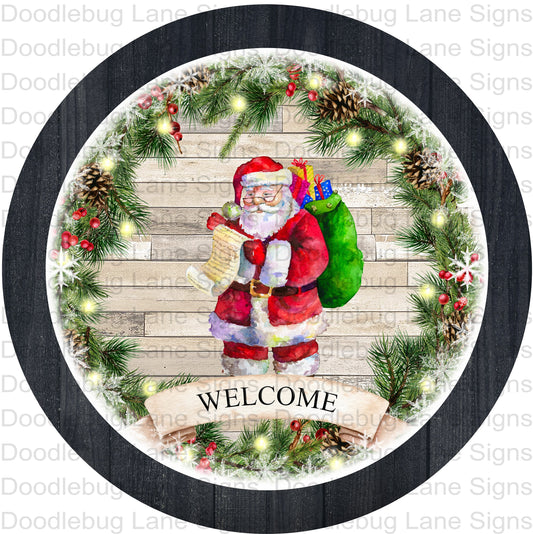 Christmas Wreath Sign - Welcome Santa Sign - Christmas Welcome Sign - Round Wreath Sign - Metal Wreath Sign