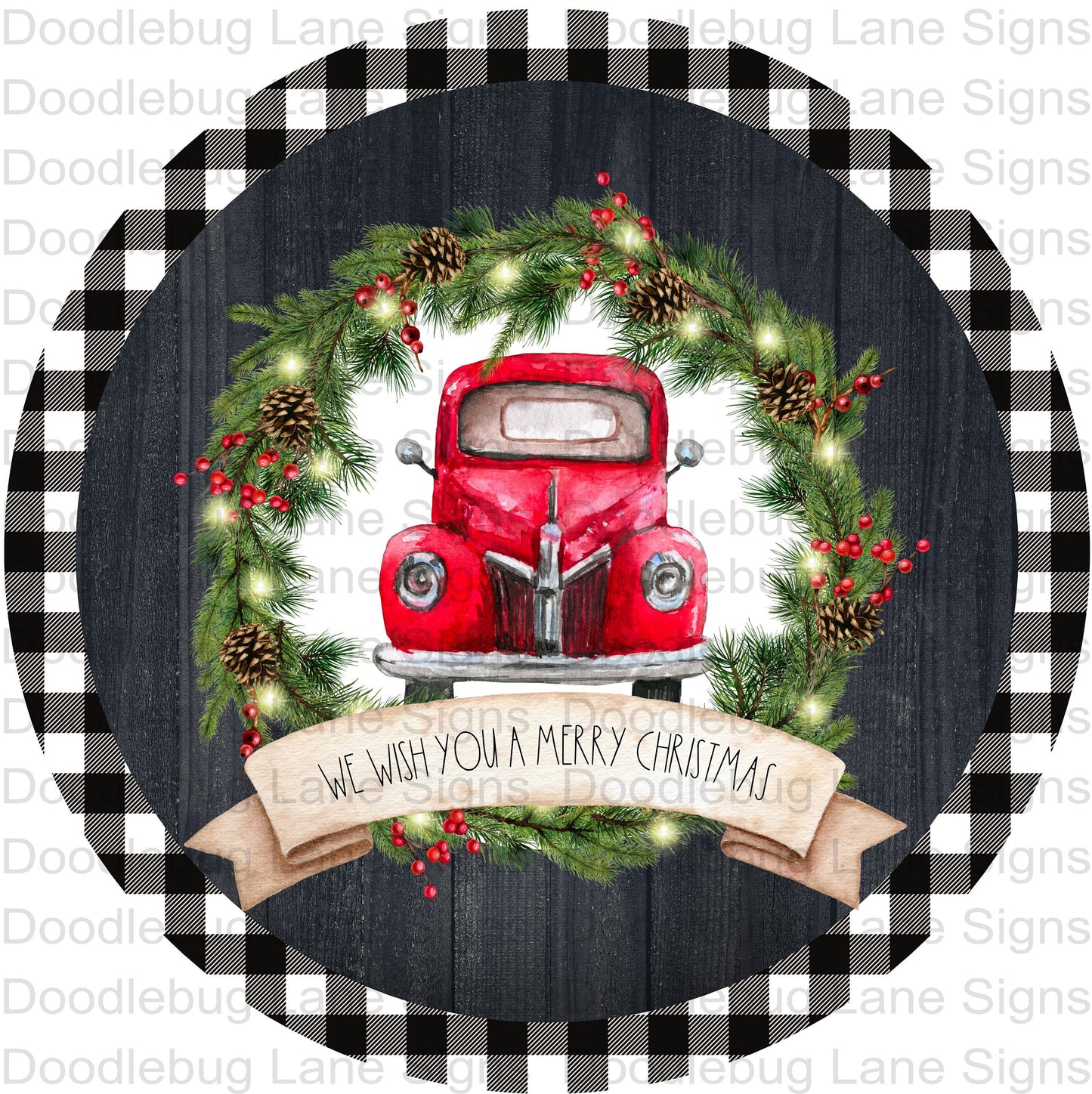 Christmas Wreath Sign - We Wish You A Merry Christmas - Vintage Red Truck - Round Wreath Sign - Metal Wreath Sign