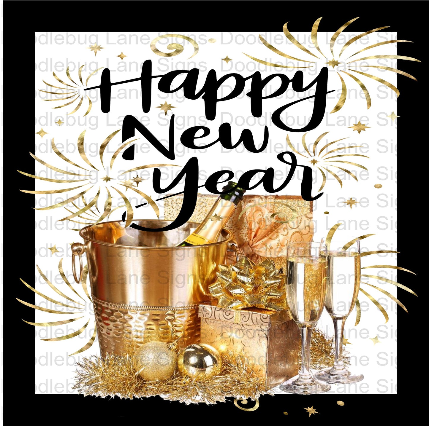 Happy New Year Wreath Sign - Champagne, Ice Bucket, Sparklers, Champagne Glasses - Black And Gold - Square Wreath Sign - Metal Wreath Sign