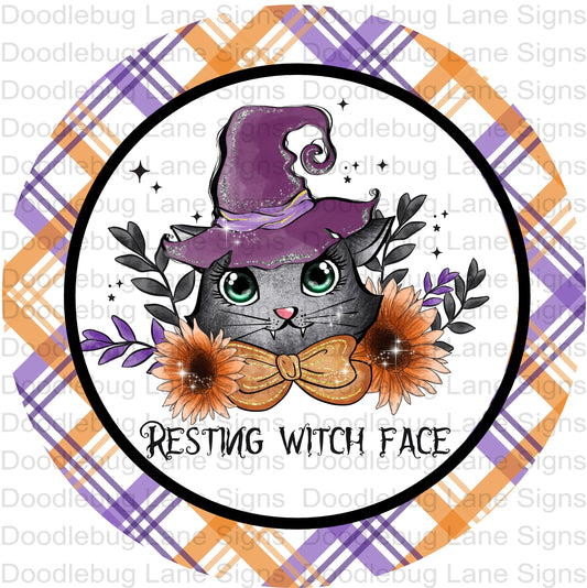 Halloween Wreath Sign - Resting Witch Face - Black Cat Wreath Sign - Round Halloween Sign - Metal Wreath Sign - Purple And Orange Plaid