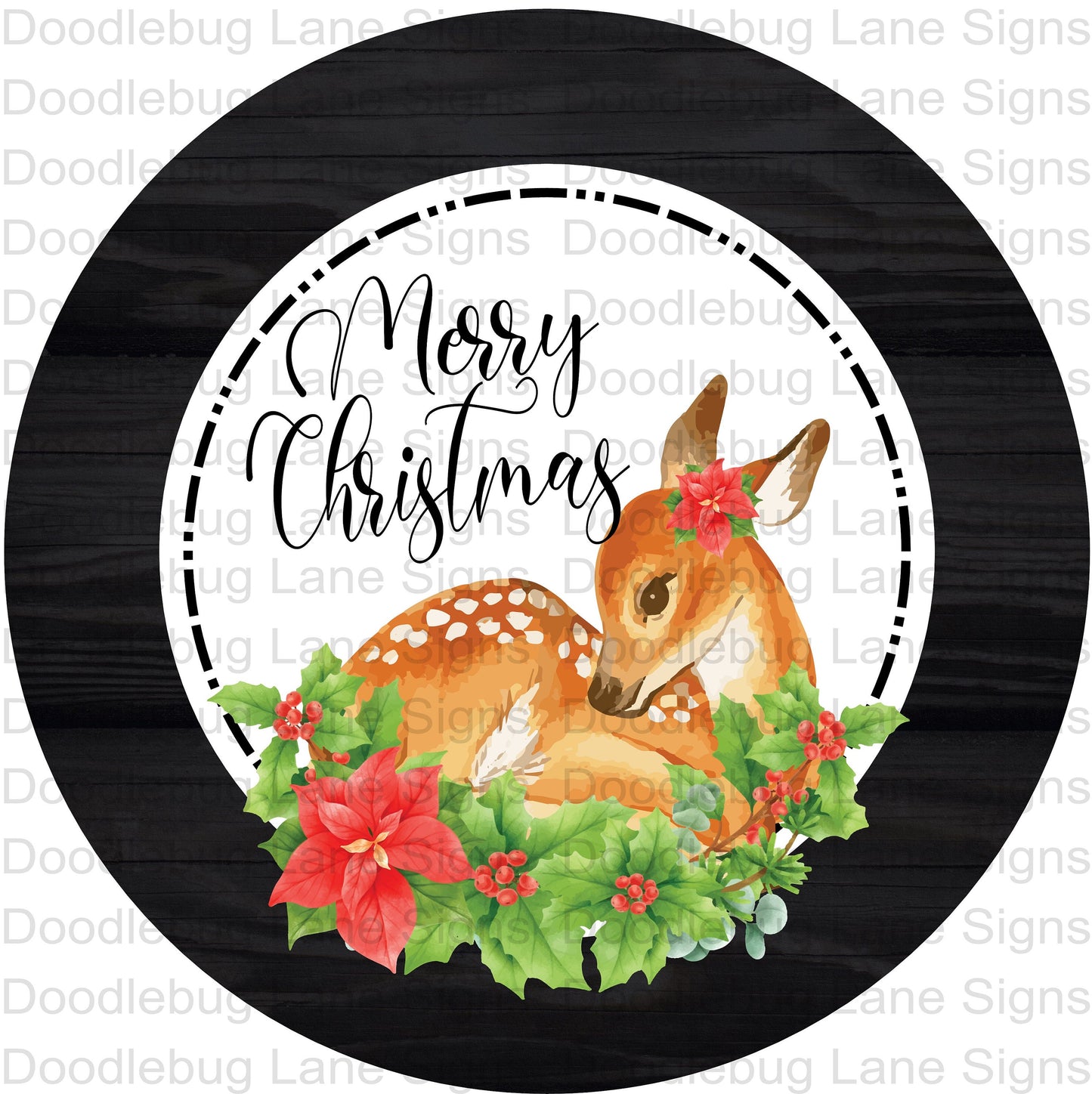 Christmas Wreath Sign - Merry Christmas Deer Wreath Sign - Poinsettia Sign - Round Sign - Aluminum Wreath Sign