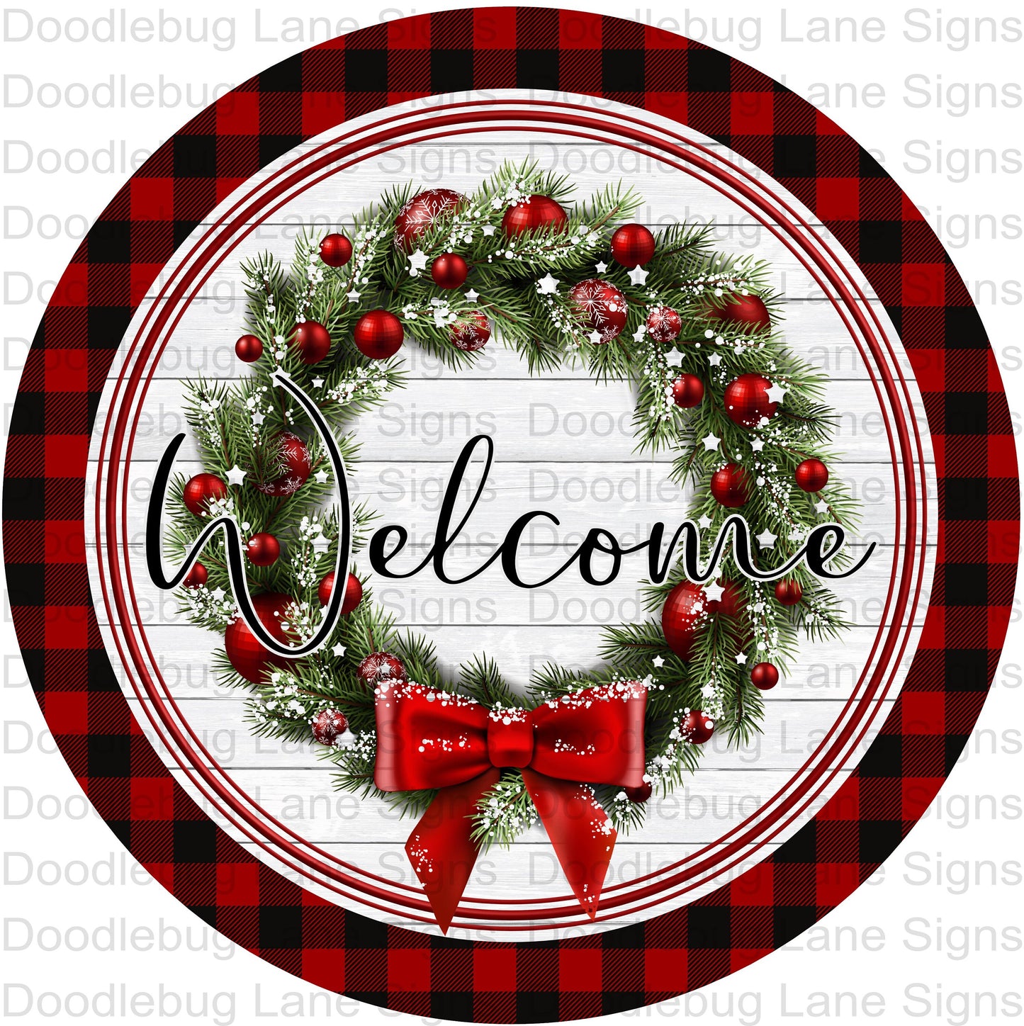 Christmas Wreath Sign - Christmas Welcome Sign - Red And Black Plaid - Round Sign - Metal Wreath Sign