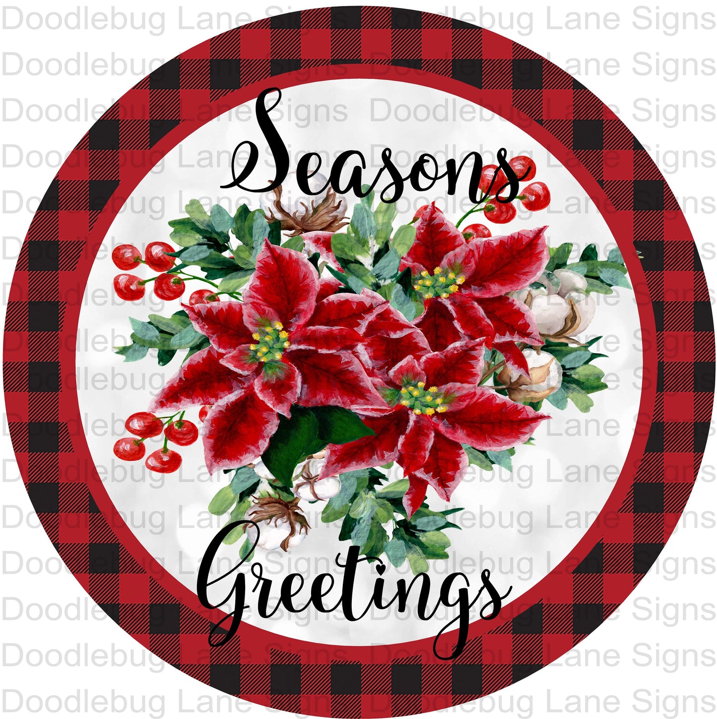 Season's Greetings Wreath Sign - Winter Wreath Sign - Round Wreath Sign - Red And Black Plaid