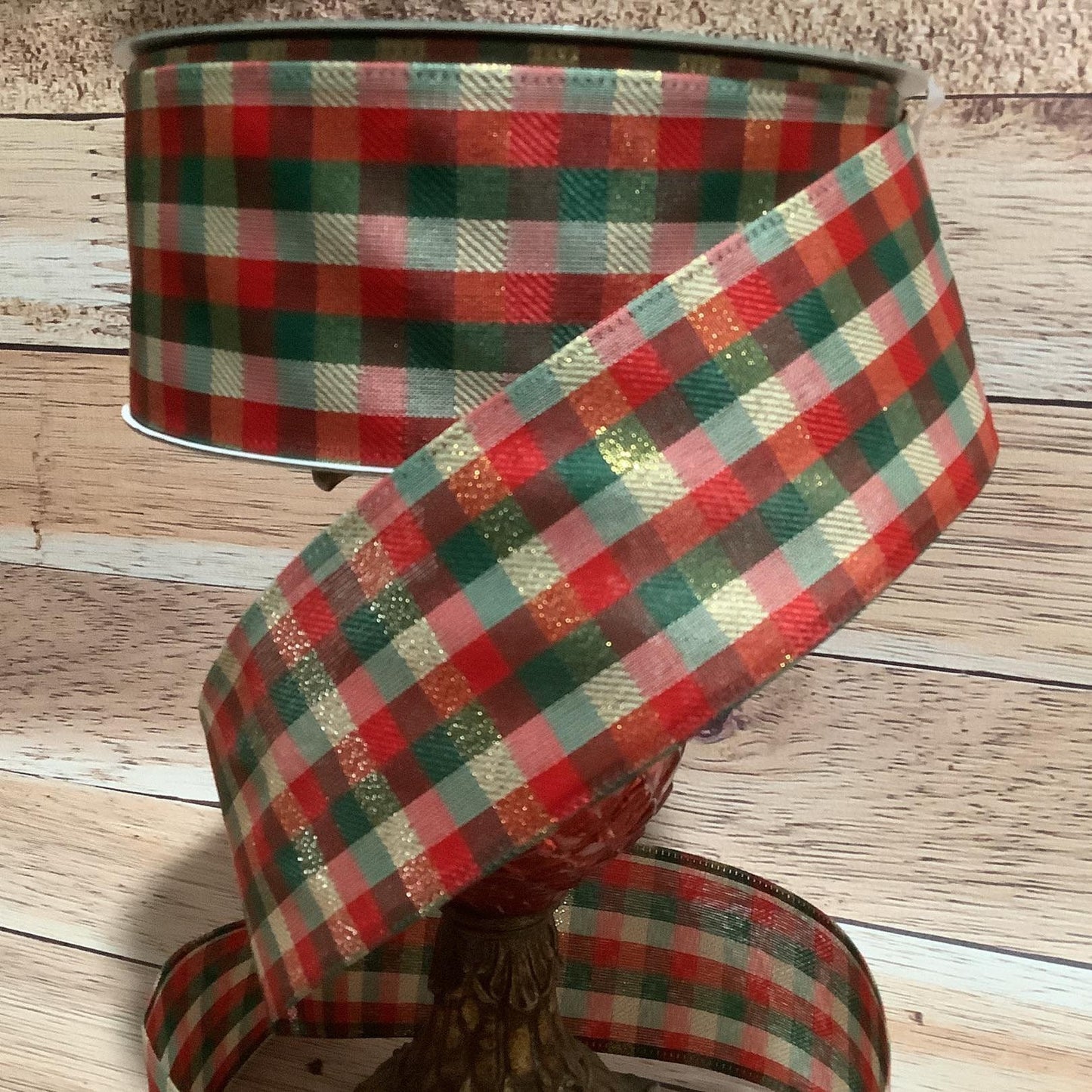 2.5" x 5 Yards Christmas Ribbon - Wired Ribbon - Christmas Plaid Ribbon - Red, Green And Gold Christmas Ribbon