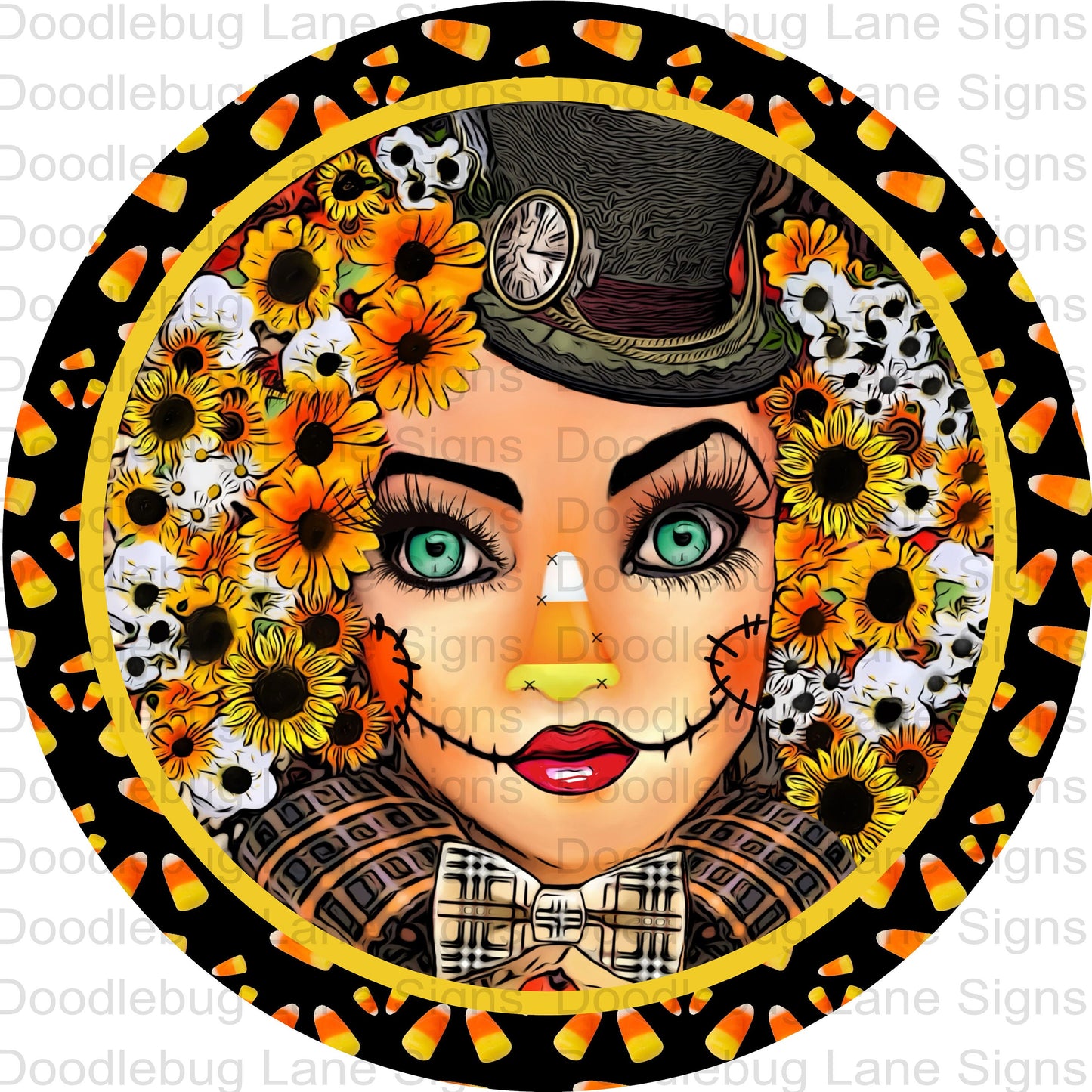 Candy Corn Sugar Skull Wreath Sign - Halloween Wreath Sign - Round Sign - Metal Wreath Sign