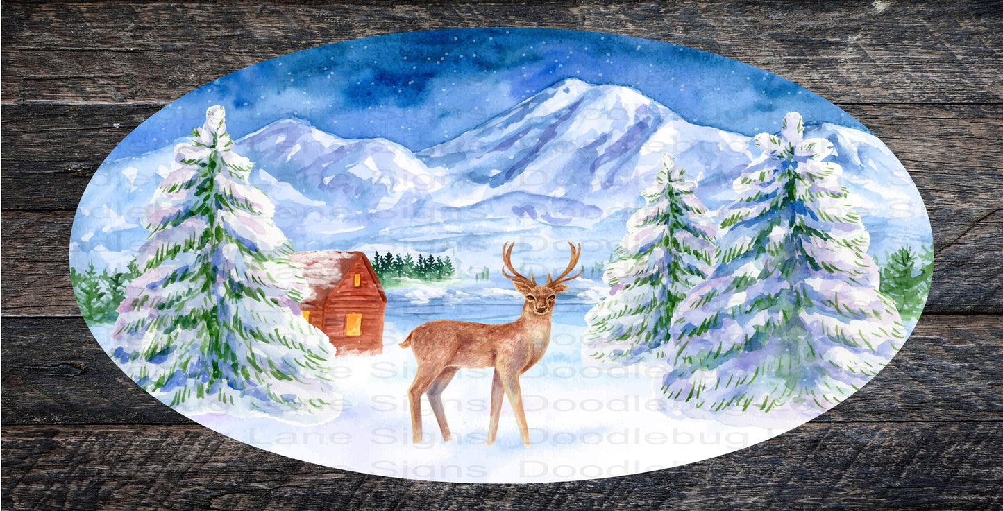 Winter Wreath Sign - Deer Sign - Winter Deer Sign - Winter Scenery - Rectangle Sign - Metal Wreath Sign