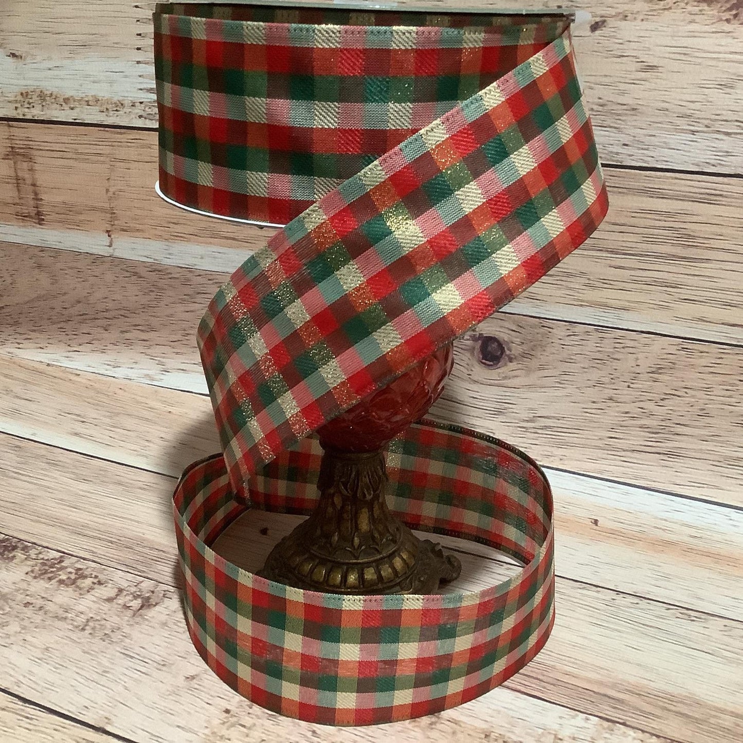 2.5" x 5 Yards Christmas Ribbon - Wired Ribbon - Christmas Plaid Ribbon - Red, Green And Gold Christmas Ribbon