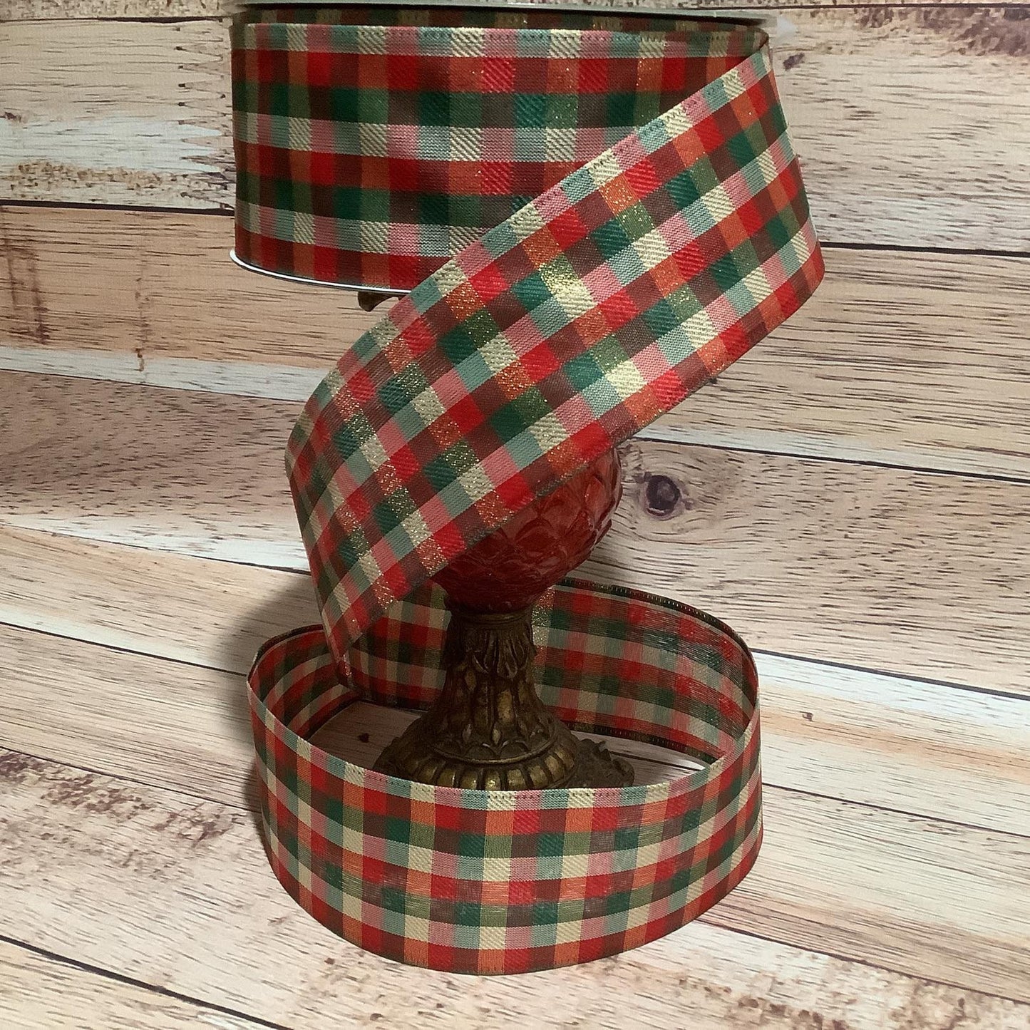 2.5" x 5 Yards Christmas Ribbon - Wired Ribbon - Christmas Plaid Ribbon - Red, Green And Gold Christmas Ribbon