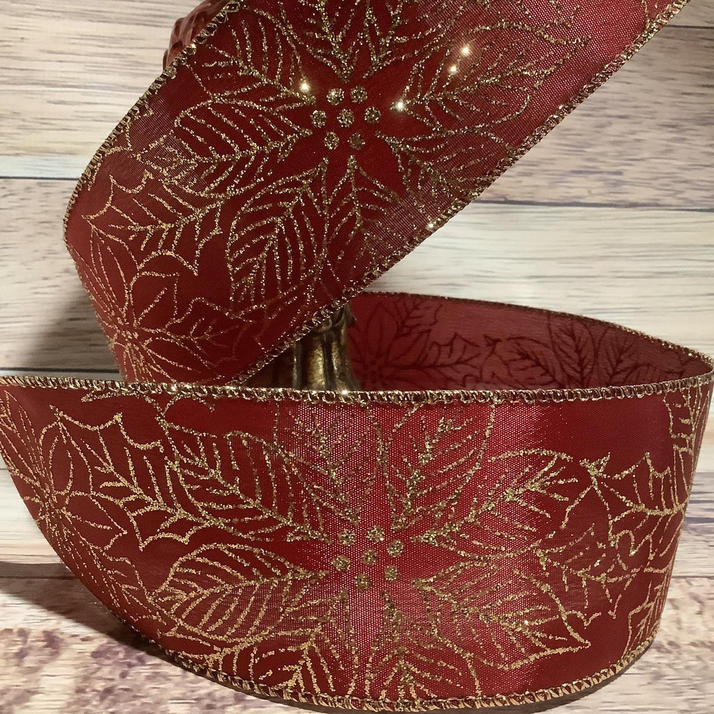 Christmas Ribbon - 2.5" x  5 Yards - Dark Red With Gold Glitter Poinsettia - Wired Ribbon