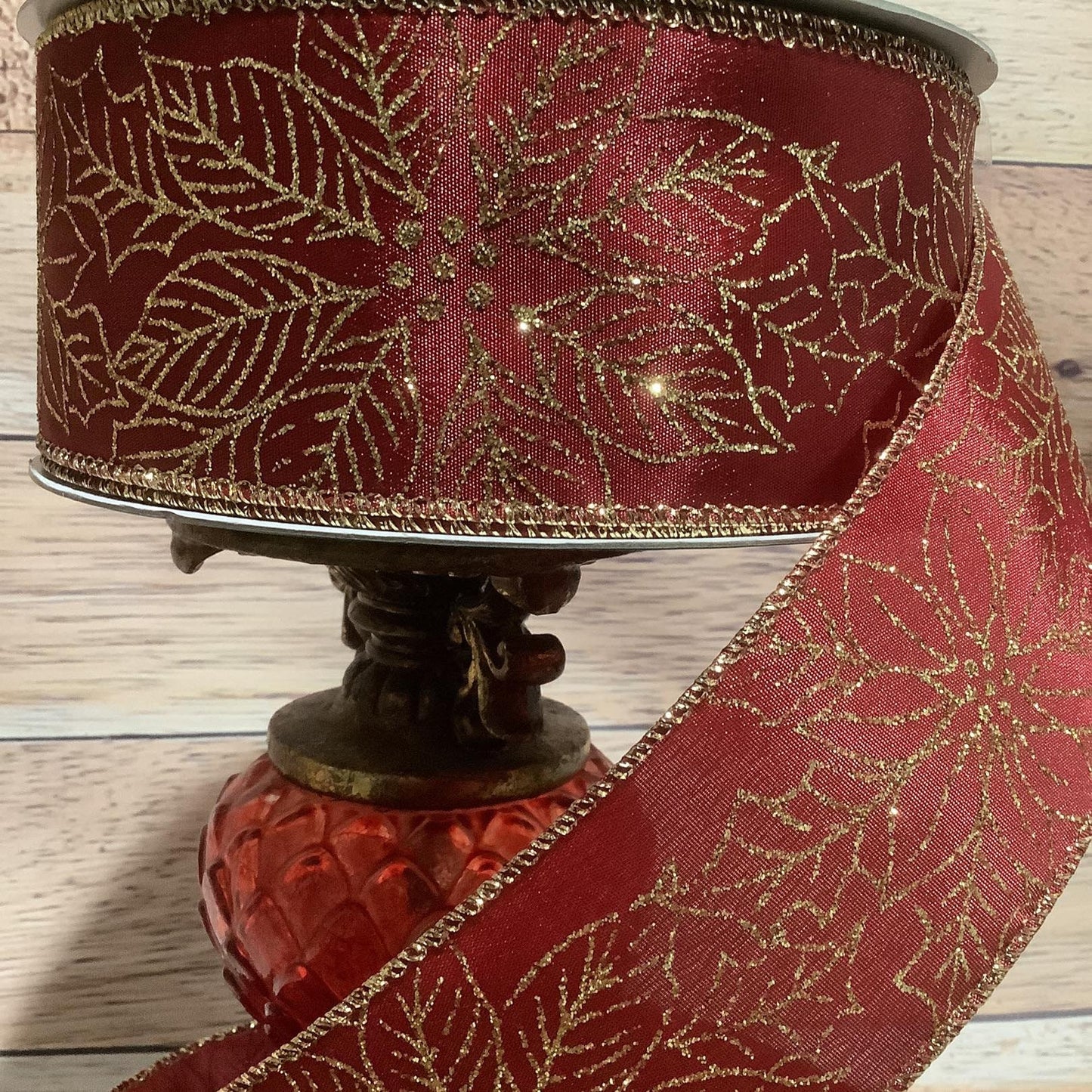 Christmas Ribbon - 2.5" x  5 Yards - Dark Red With Gold Glitter Poinsettia - Wired Ribbon