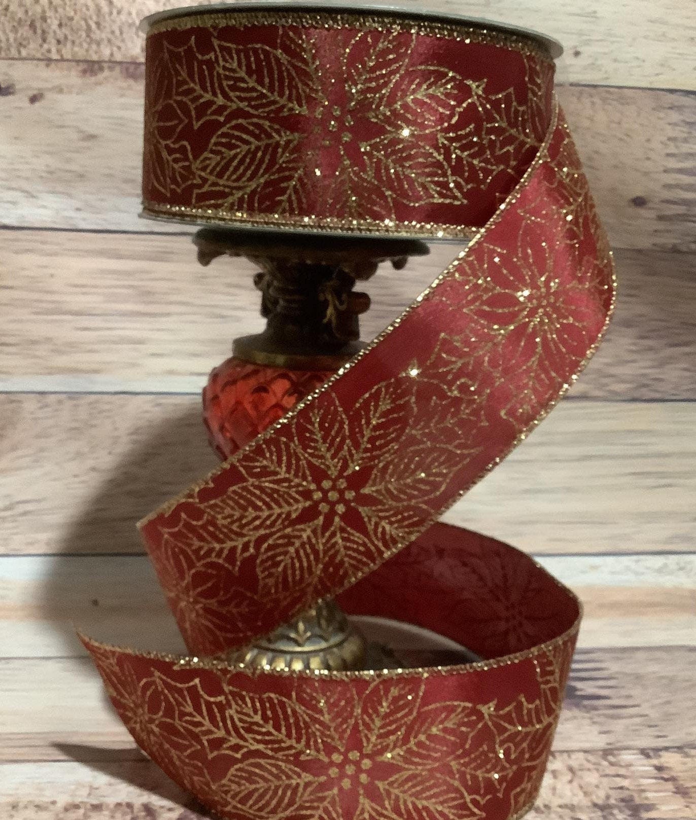 Christmas Ribbon - 2.5" x  5 Yards - Dark Red With Gold Glitter Poinsettia - Wired Ribbon