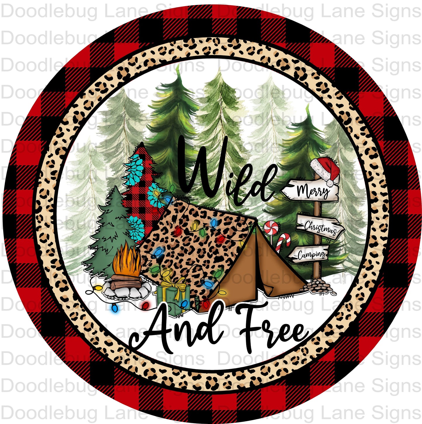 Christmas Wreath Sign - Camping Sign-Wild And Free-Merry Christmas-Tent And Campfire-Round Sign-Metal Wreath Sign