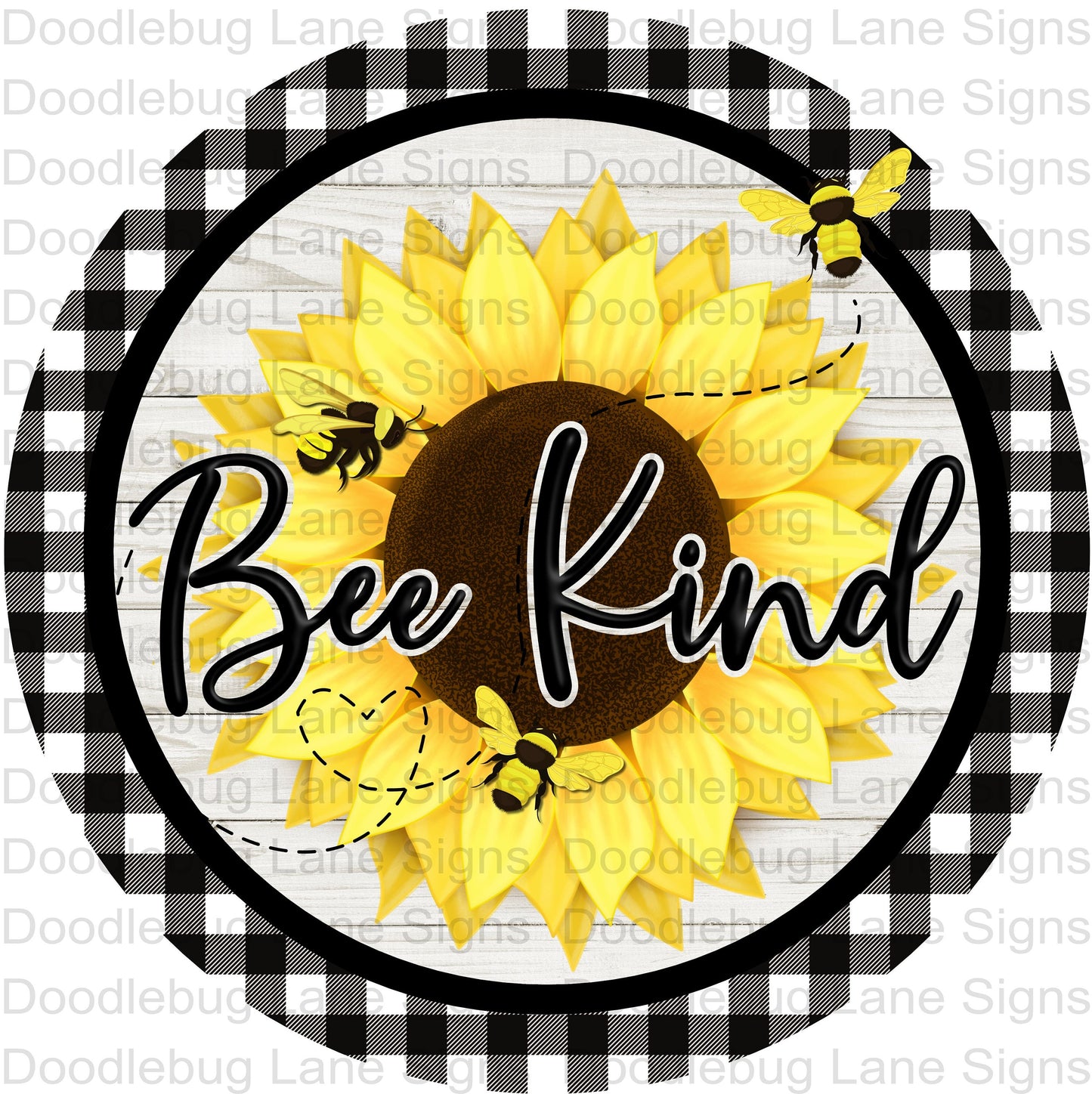 Bee Kind Wreath Sign - Sunflower Sign - Bee Sign - Black And White Buffalo Plaid - Round Wreath Sign - Aluminum Sign