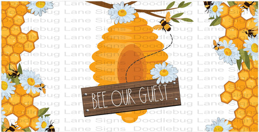 Bee Wreath Sign-Bee Our Guest-Beehive And Honeycomb-Spring Wreath Sign-White Daisies-Rectangle Sign-Metal Wreath Sign