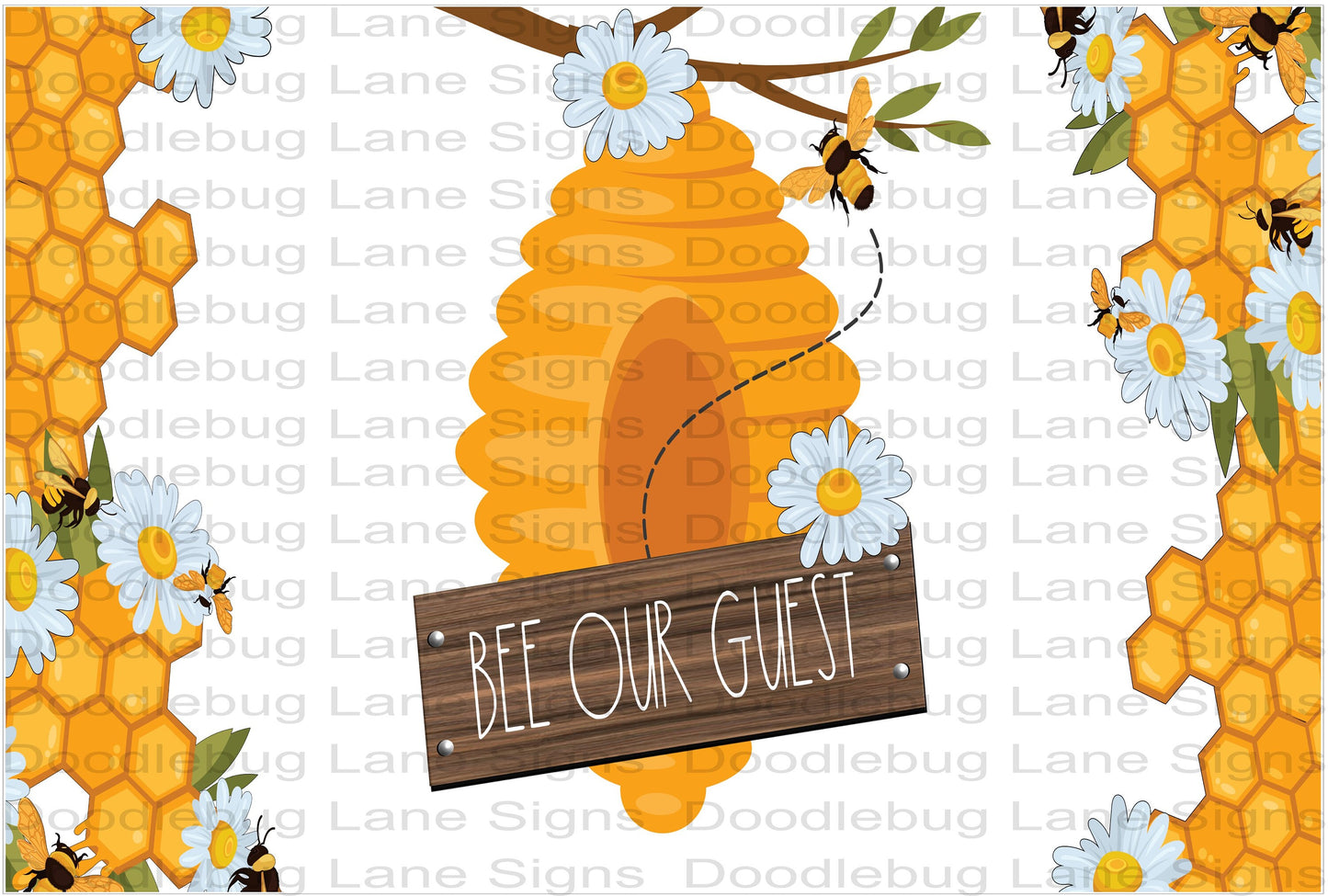 Bee Wreath Sign-Bee Our Guest-Beehive And Honeycomb-Spring Wreath Sign-White Daisies-Rectangle Sign-Metal Wreath Sign