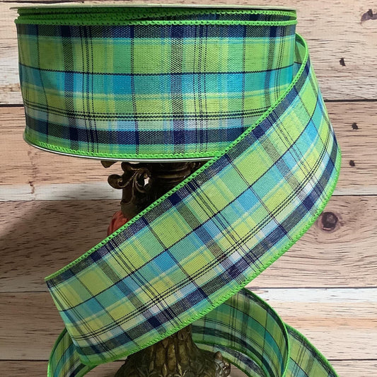 Spring Plaid Ribbon - Blue And Green Plaid Ribbon-Wired Ribbon-2.5" x 5 Yards-Ribbon For Bows, Wreaths, Home Decor