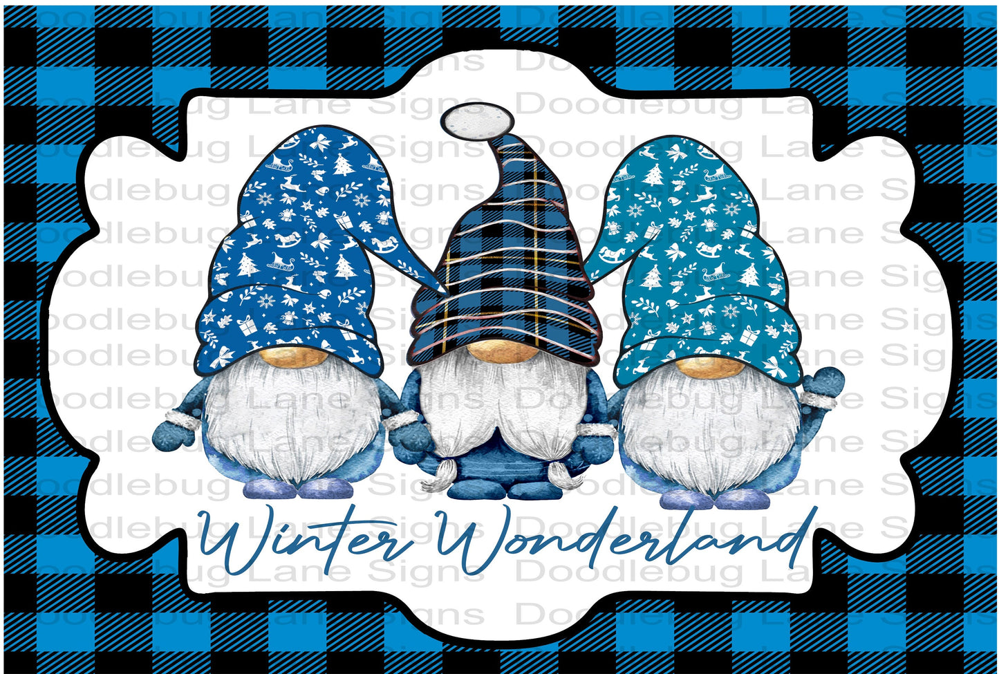 Winter Wonderland Wreath Sign - Winter Wonderland Gnome - Blue And Black Plaid - Rectangle Sign - Metal Wreath Sign