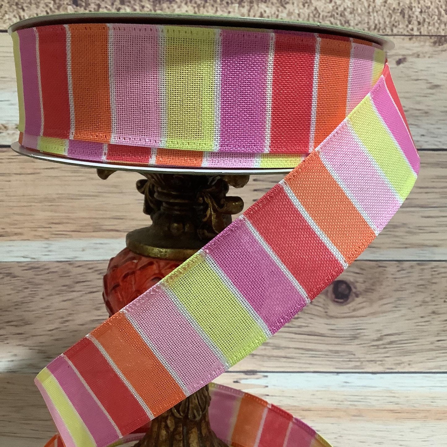 Spring Ribbon-1.5" x 5 Yards-Wired Ribbon-Vertical Striped Ribbon-Pink, Orange, Yellow Stripes-Ribbon For Bows, Wreaths, Home Decor