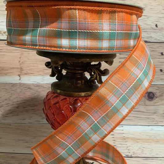 1.5" x 5 Yards Plaid Ribbon-Spring Ribbon-Fall Ribbon-Orange And Green Plaid Ribbon-Wired Ribbon-Ribbon For Bows, Wreaths And Home Decor